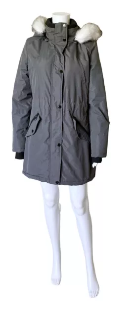 HFX Womens Size Medium Gray Full Zip Faux Fur Trim Hooded Parka Coat Jacket