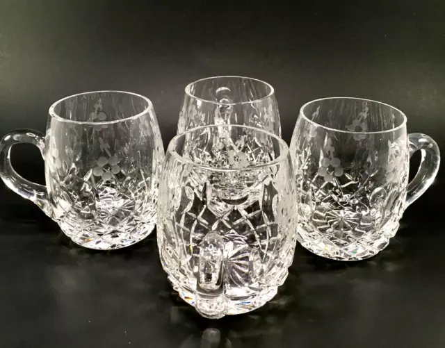 Set of FOUR Diamond Etched Clear Cut Crystal Beer Mugs Steins Barware 10 Oz