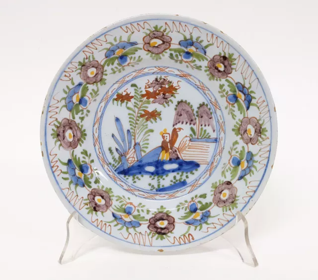 Antique 18thC Dutch Delft Pottery Polychrome Plate Dish
