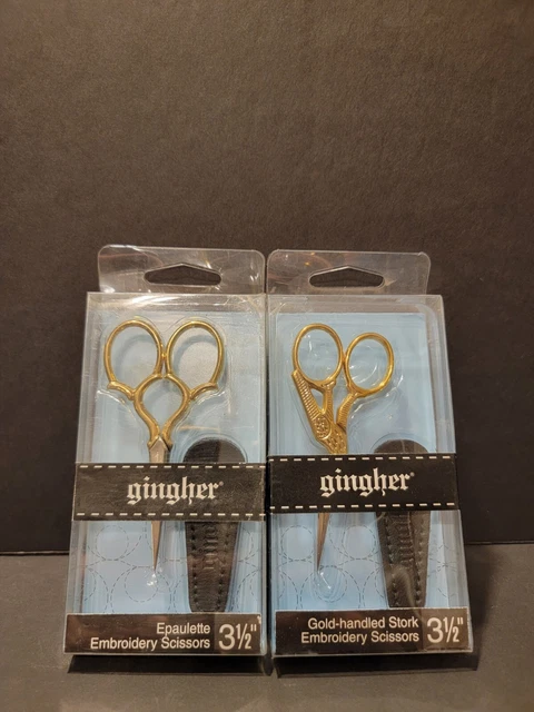 (2) Par de tijeras de bordar cigüeña con mango dorado de jengibre 3 1/2"" pulgadas
