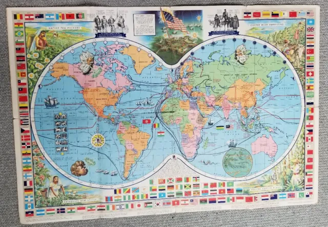 1964 VINTAGE  McCormick's & Co. PICTORIAL WORLD MAP Coffee~ Spice Trade Routes