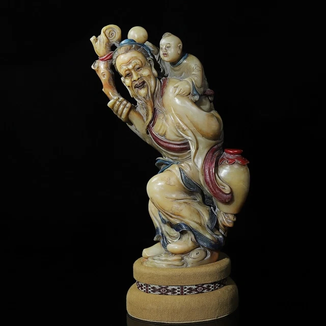 Chinese Exquisite Handmade Old people and children carving Shoushan Stone Statue