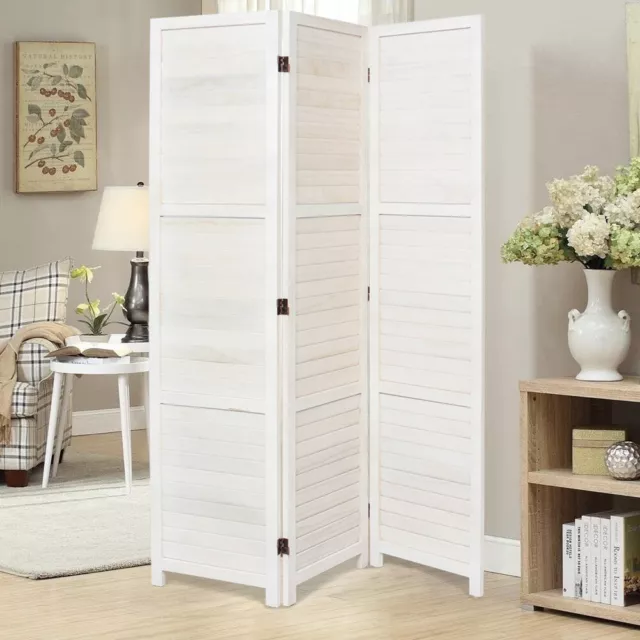 Indoor Wood Slat Folding 3 Panels Privacy Screen Room Divider Partition White