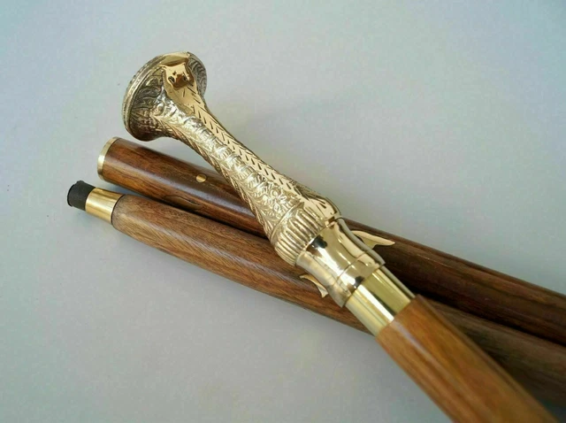 Canne De Marche Vintage En Bois Avec Poignée Laiton Tête D'éléphant - Neuf