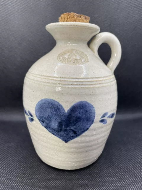 Pinewood Valley Pottery Salt Glazed Painted Blue Heart Jug 6" w/ Cork Vtg 80s