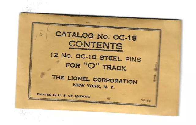 Lionel #Oc-18 Steel Pins For "O" Guage Track - 12 Pins Factory Sealed Envelope