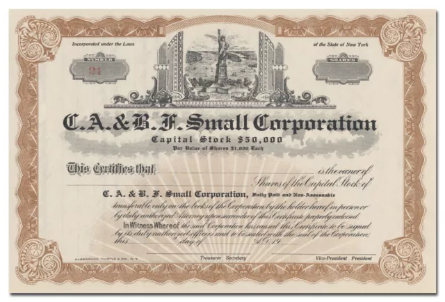 C. A. & B. F. Small Corporation Stock Certificate (Statue of Liberty Vignette)