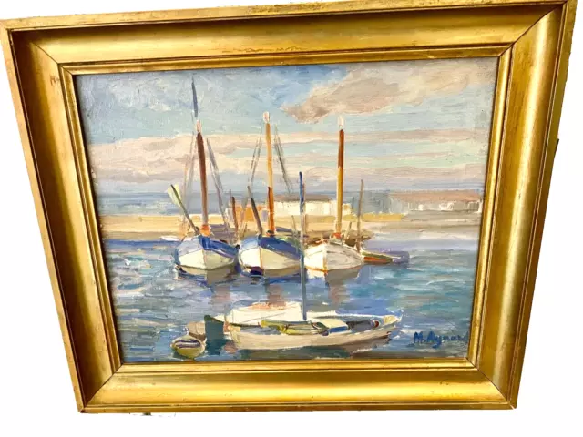Marine signé AYNARD tableau paysage huile sur toile peinture mer bateaux