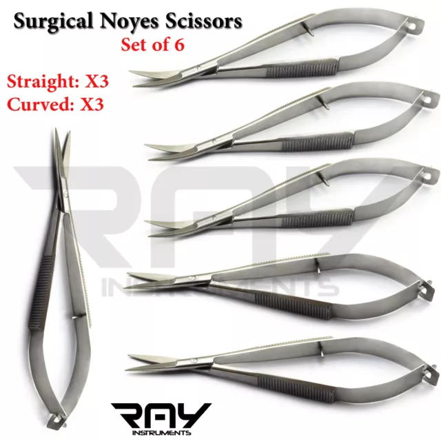 Dental Surgical Micro Iris Noyes Spring Scissor Curved, Straight 11.5cm Set of 6