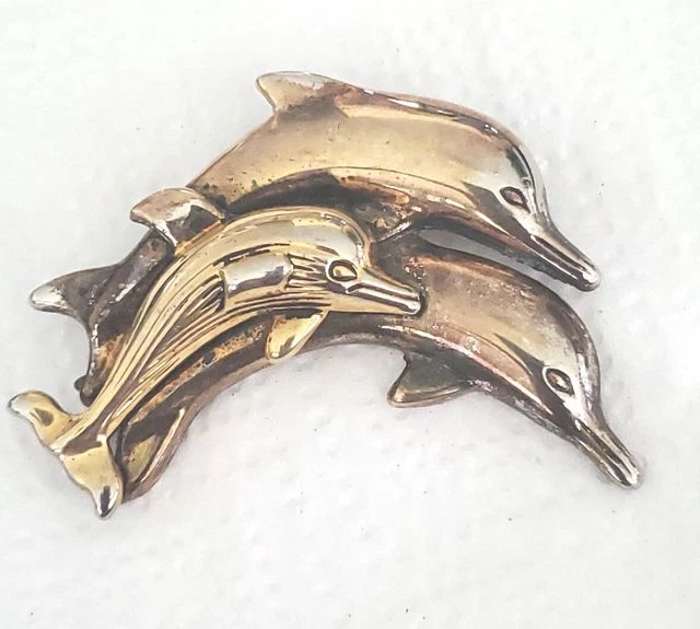 Vtg Silver Three Dolphins FISH BROOCH / PENDANT Signed BEST