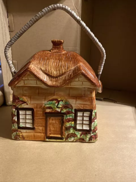 Vintage Price Bros Cottage Ware "Ye Olde Cottage" Biscuit Barrel & wicker handle