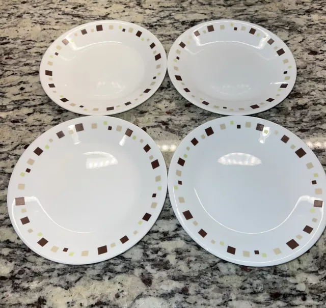 Corelle Geometric Bread  Butter Dessert Plates Brown Tan Green Squares Set of 4