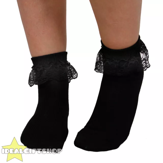 Womens Black 50'S Frill Socks 1950'S Bobby Socks Adults Fancy Dress Accessory