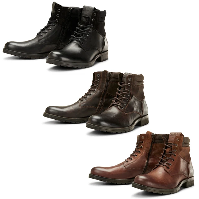 JACK JONES Ankle Boots Mens Leather Lace Up Side Zip Durable