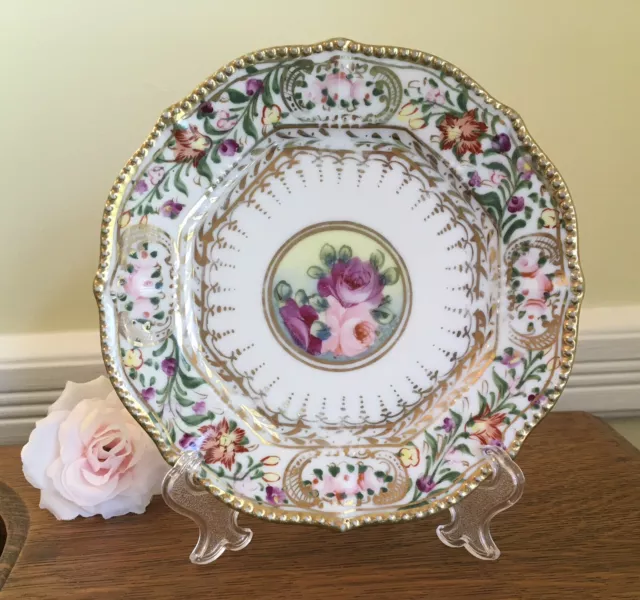 Probably Antique Decorative PLATE Handpainted Roses & Gold Trim No Backstamp