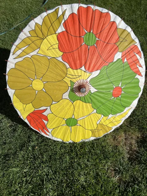 Vintage Large  Rice Paper Bamboo Umbrella Green Yellow White Red