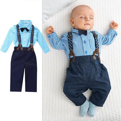 Newborn Infant Baby Boys Gentleman Clothes Button Shirt Strap Pants Outfits Set