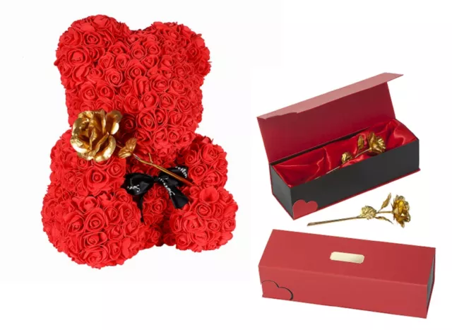 Rot Rosen Bär 25cm Teddybär + GOLDENE ROSE + GRAVUR Hochzeit Jahrestag Geschenk