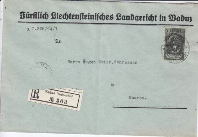 Liechtenstein 1929 Mi 58 auf Einschreiben/Rückschein von Vaduz nach Mauren