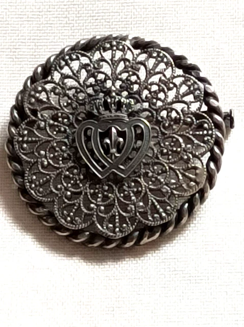 Broche Ancienne Art Déco En Argent Massif 925 – Motif Fleurs Noir