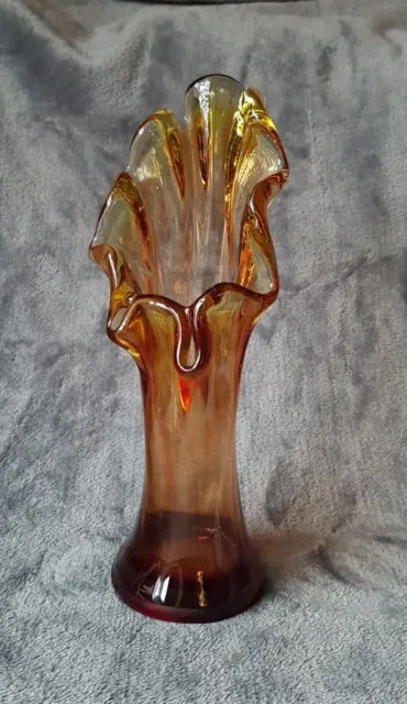 Large Vintage Studio Art Glass Swung Vase Amber/Marigold/Red 11"H  x 4" W