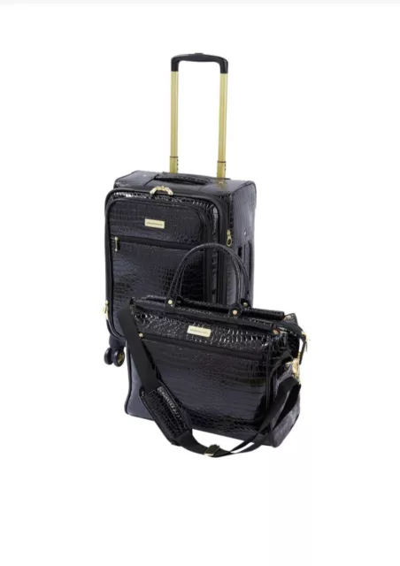 Samantha Brown Luggage Croco Embossed 22" Upright Spinner + Dowel Bag Set Black