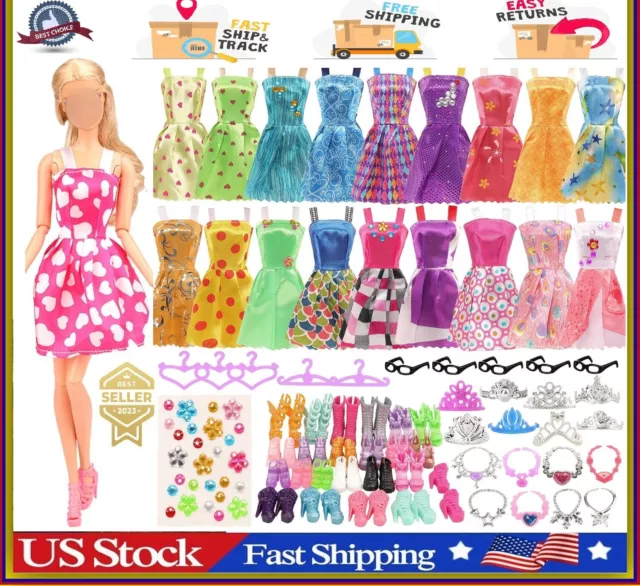 43PCS Barbie Clothes Doll Fashion Wear Clothing outfits Dress up Gown Shoes Lot