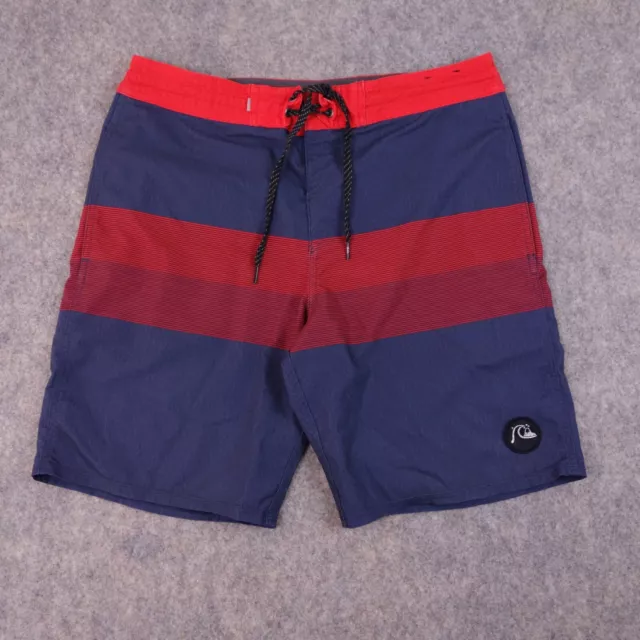 QUIKSILVER Board Shorts 32 Blue Red Striped Drawstring 4-Way Stretch Mens