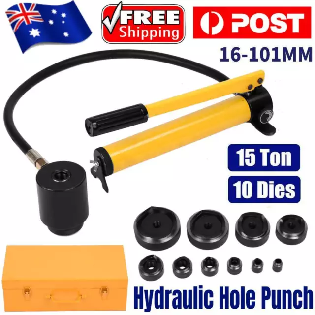 15T 10 Dies Hydraulic Metal Hole Punch Kit Hand Pump Knockout 16-101mm with Box