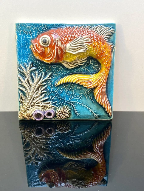 Vintage Portuguese 3D gold fish tile. Handcrafted glazed tile. Wall decor.