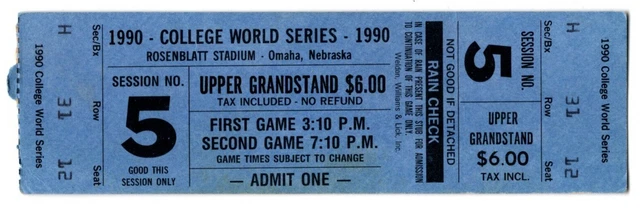 1990 COLLEGE WORLD SERIES Session 5 Ticket STANFORD CARDINAL LSU Tigers