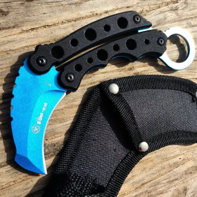 6" Blue Black Karambit Fixed Blade Knife W / Sheath EDC Hunting Camping