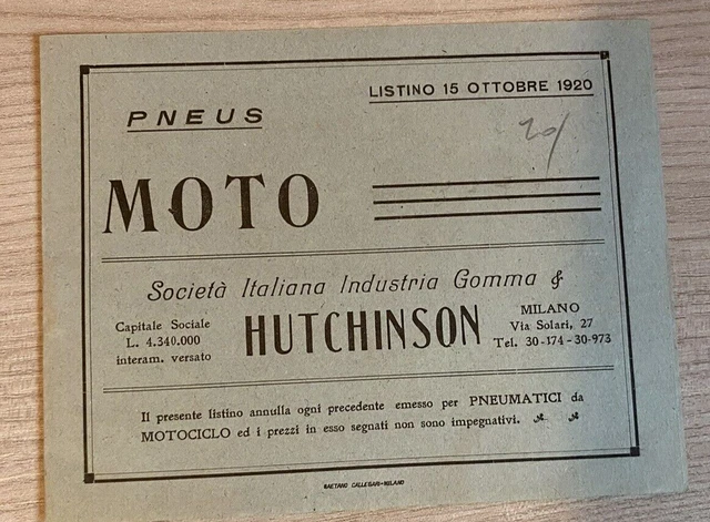 Pneus Moto Listino Ottobre 1920 Societa' Italiana Industria Gomma Hutchinson