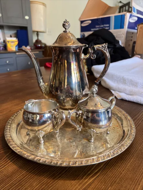 Vintage Leonard Silver Plate Tea Service Serving tray, cream & sugar bowl, & pot