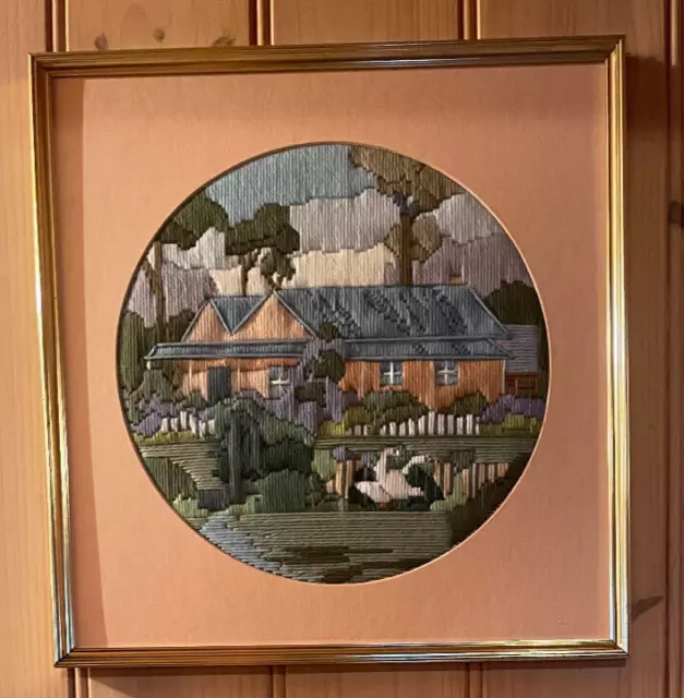 Framed Completed Farm House with geese, Long Stitch, Gold frame  #30