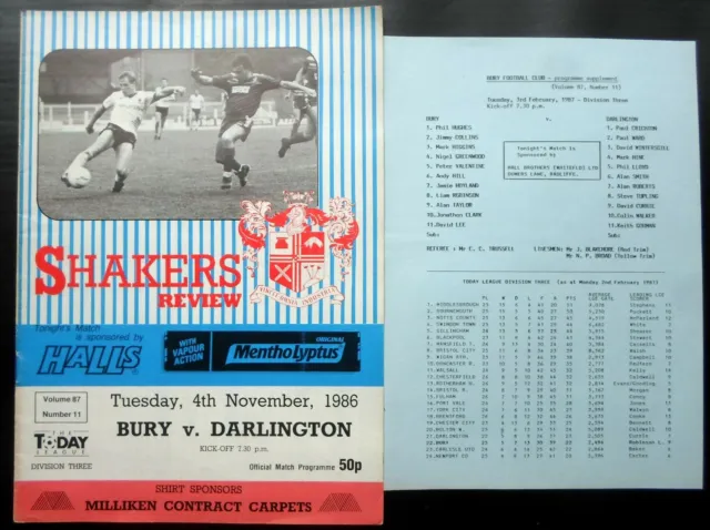 Bury v Darlington 4-11-1986 Postponed & Rearranged Single Sheet 3-2-1987
