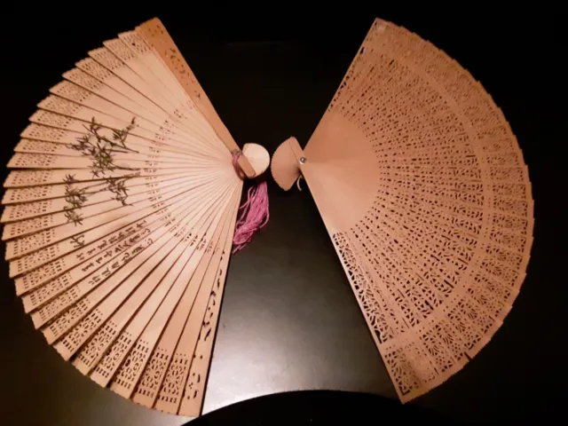 Two Vintage Die-Cut Wood Veneer Japanese Style Folding Hand Fans W/Tassel