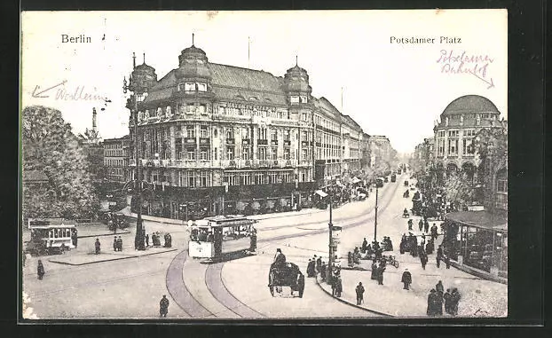 Ansichtskarte Berlin-Tiergarten, Potsdamer Platz mit Strassenbahn 1914