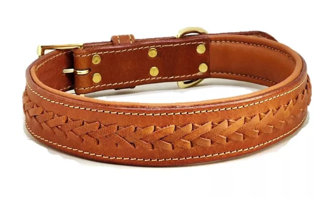 STG Genuine Leather Braided Soft Padded Luxury Dog Collar Tan For All Type Dog