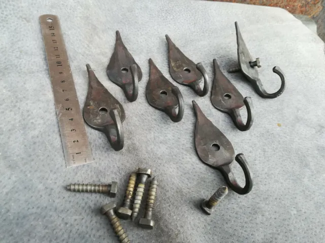 5pc+ Screw Set Iron Leaf Wall Hooks Blacksmith Coat Kitchen Rustic Handmade
