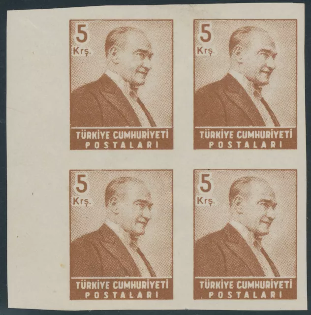 TÜRKEI 1955 Atatürk 5 K ungebr. 4-erblock (1 Marke postfrisch) ABART UNGEZÄHNT