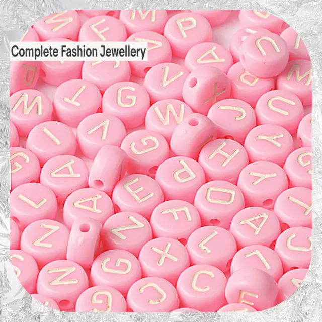 100Pcs 4Mm X 7Mm Pink/White Mixed A-Z Alphabet Letter Acrylic Flat Round Beads