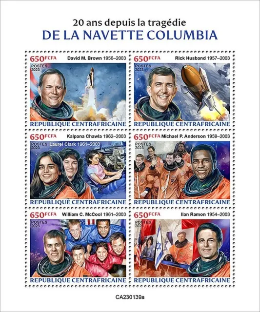 Space Shuttle COLUMBIA Tragedy NASA Astronauts Stamp Sheet (2023 Central Africa)