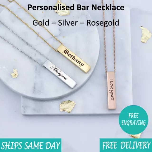 Custom Personalised Engraved Name Date Bar Necklace Rose Gold Silver - Christmas