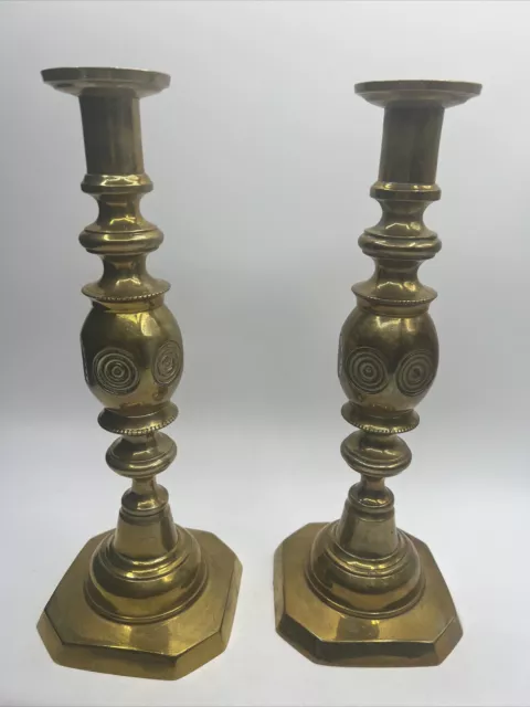 Genuine Pair Antique 19C Victorian Solid Brass “Bullseye Good Luck” Candlesticks