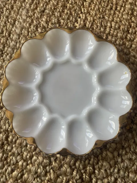 Vintage Anchor Hocking White Milk Glass Deviled Egg Plate Gold Trim 10" Party