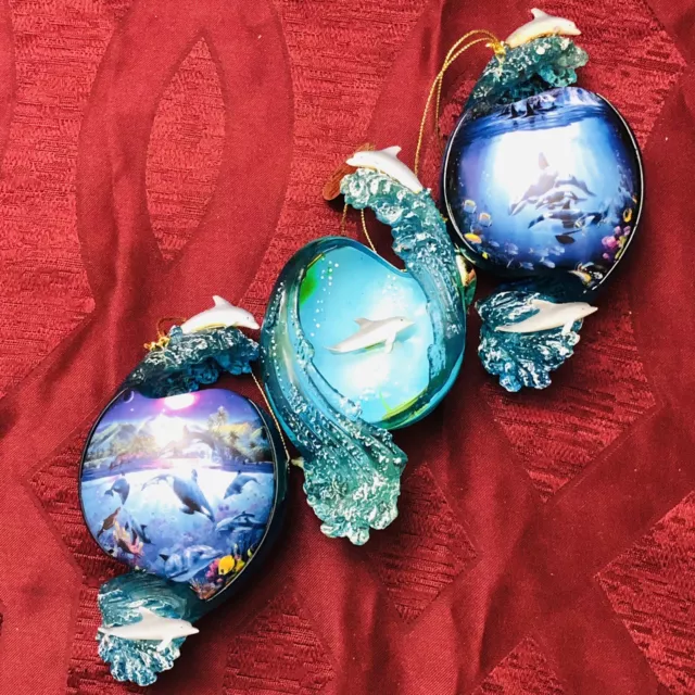 3 Dolphin Christmas Ornaments by Bradford Exchange W/Certificate Above And Below