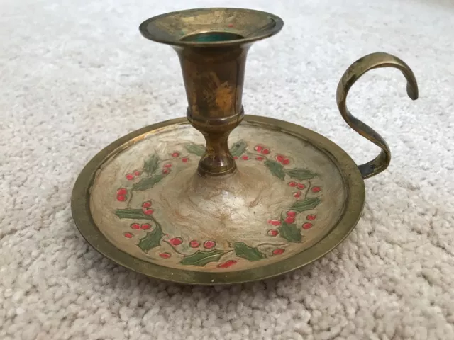 Vintage India Brass Chamberstick / Candleholder Christmas Holly Inlay Drip Tray