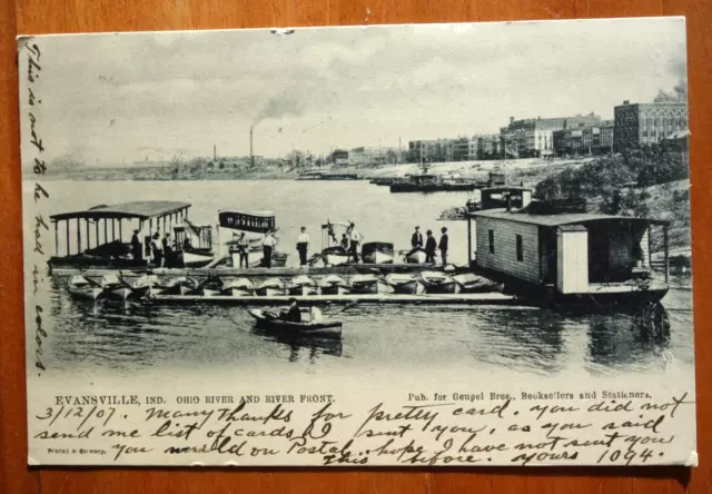 Ohio River and river front, Evansville IN INDIANA postcard p/u 1907 row boats