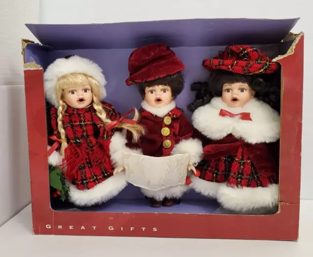 Vtg Christmas 3 Petite Porcelain Dolls Barbara Lee Carolers Red Victorian Box 9"